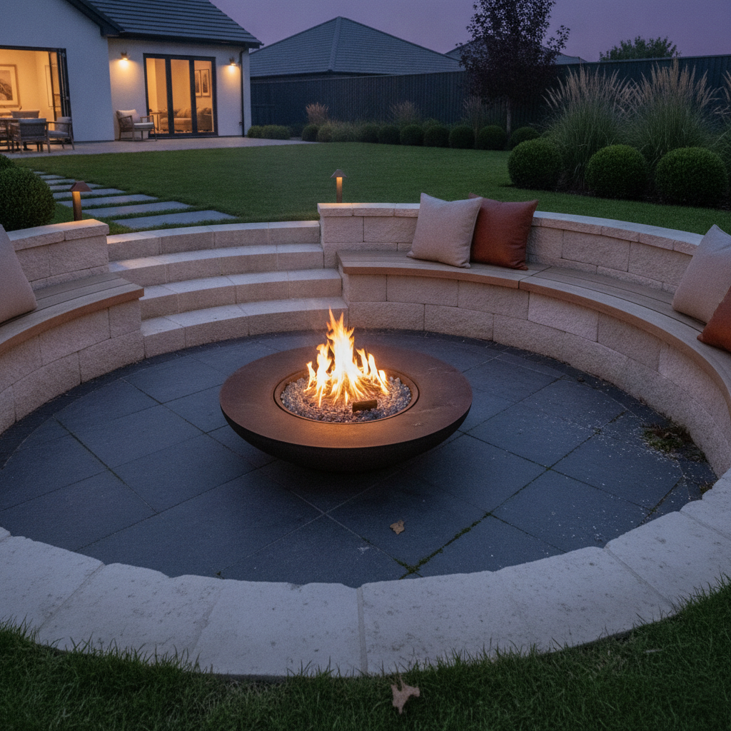 AI fire pit design generator result: a sunken fire pit lounge at violet dusk, a circular area dropped below the lawn and retained by a pale block seat wall with oatmeal and terracotta cushions, a wide rust-brown steel bowl burning on dark charcoal paving in the middle, and a lit house beyond.