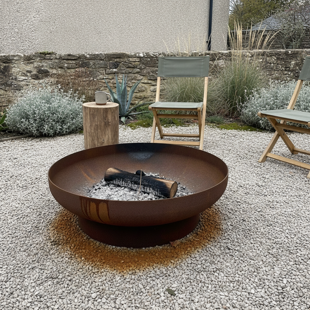 AI fire pit design generator result: a wide shallow corten weathering-steel fire bowl on pale gravel, rusted deep red-brown with rust bled into an orange ring on the gravel around its foot, holding a charred log on a bed of grey ash, with sage green canvas folding chairs and a log side table behind it.