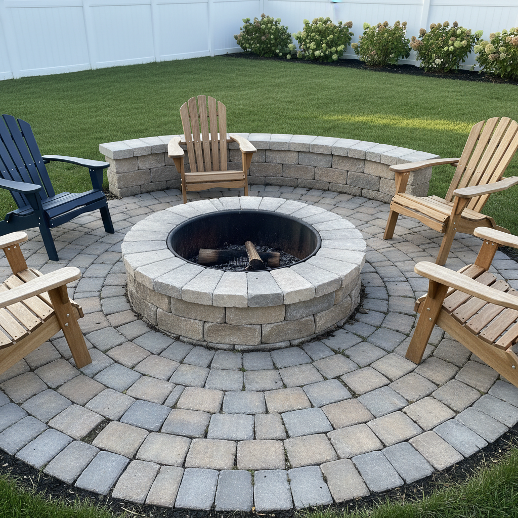 AI fire pit design generator result: a circular paver patio laid in concentric rings with a round split-faced block fire pit and steel liner in the middle, a curved block seat wall behind it and four slatted Adirondack chairs facing the pit, a white fence and hydrangeas beyond the lawn.