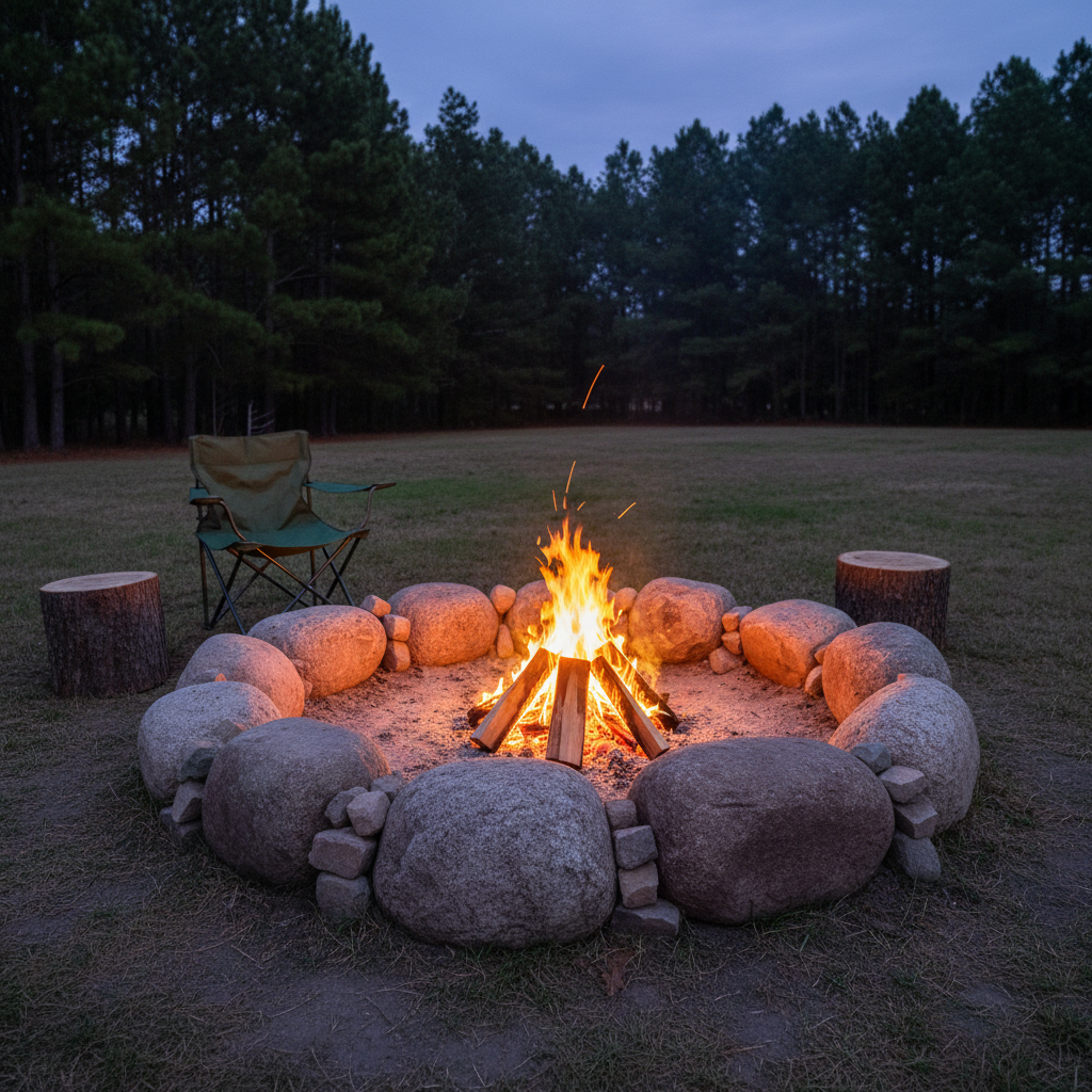 AI fire pit design generator result: a rustic ring of large rounded fieldstone boulders packed shoulder to shoulder, split logs burning inside on a bed of pale ash, cut log rounds used as stools on the packed dirt around it and a dark line of pines behind at dusk.