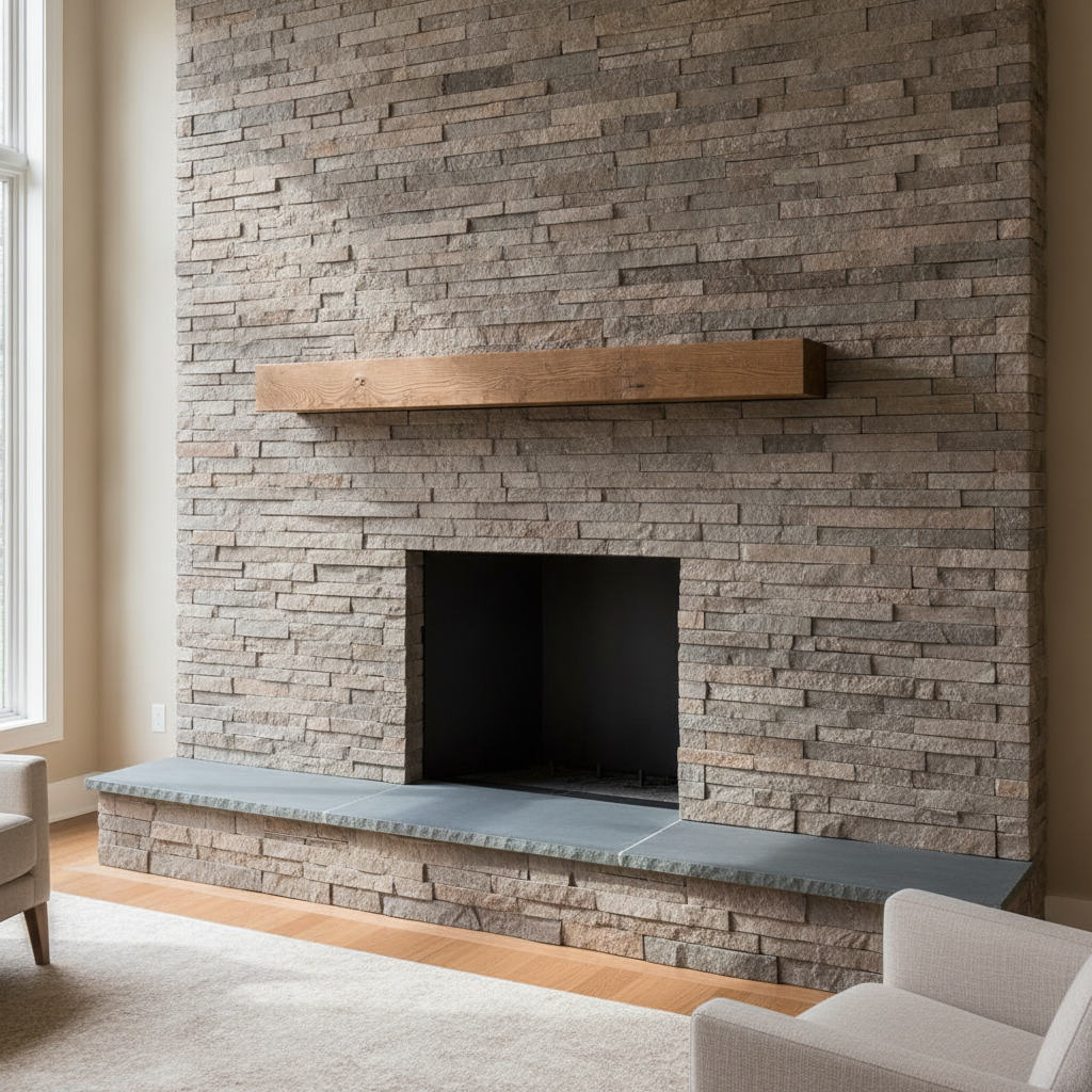 AI fireplace design generator result: a floor to ceiling stacked ledgestone chimney breast with a solid oak beam mantel and a long bluestone hearth bench, photographed cold and unlit in daylight. The stone is the best thing here, with every course casting its own small shadow and the beam reading as real sawn oak. Two things drifted. The brief asked for warm greys and soft browns and what arrived is almost entirely cool grey, which is the colour substitution these renders make on nearly every run. And the hearth has become a bench that runs the whole width of the wall with the firebox opening sitting behind its back edge, so there is no hearth projecting in front of the opening at all, which is the one part of a fireplace that building codes actually measure.
