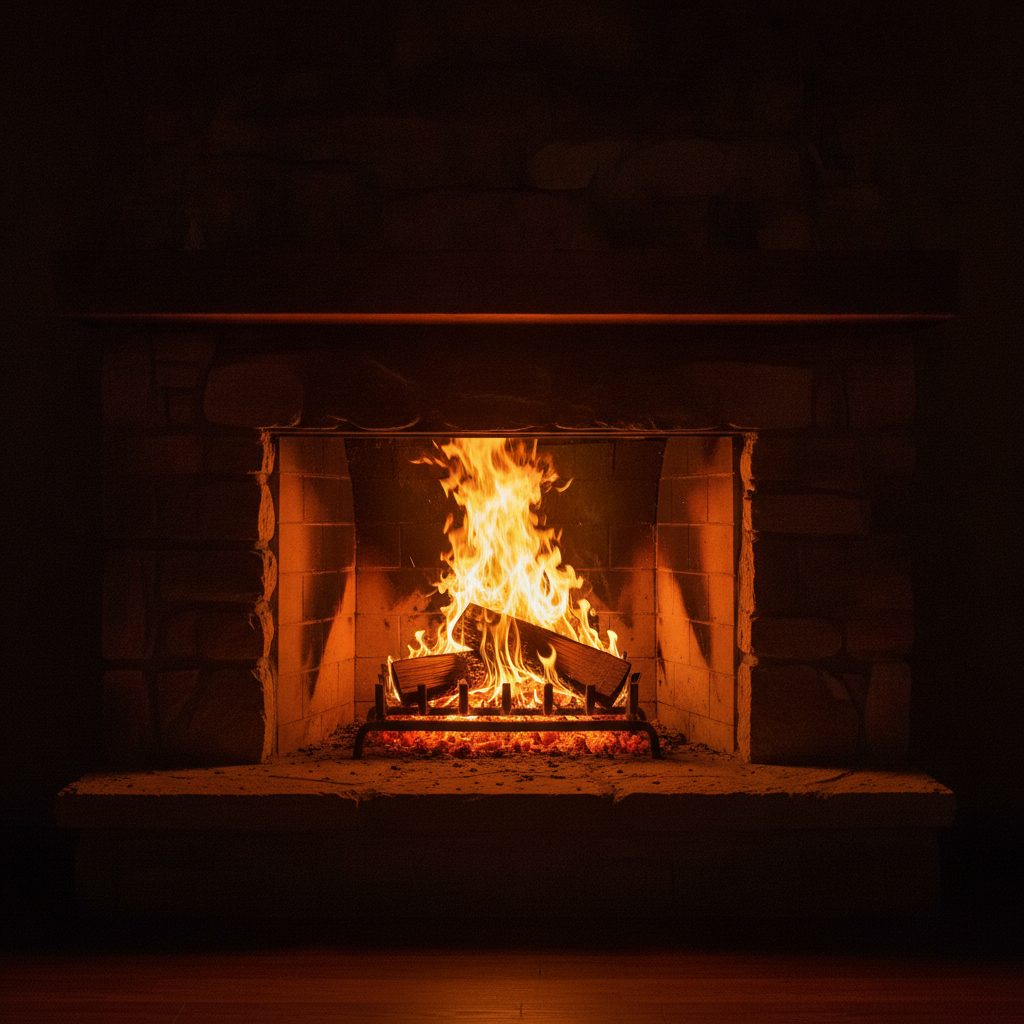The same room at night with a wood fire burning, lit by nothing except the fire itself, and the most important picture on this page. Look at what survived. The stacked stone, the mantel, the hearth, the whole expensive surround has gone almost completely black, and all that is left is a rectangle of flame, a bed of orange embers under the grate and a thin warm rim along the underside of the mantel. This is what a fireplace looks like on the evenings you actually light it, and it is the exact opposite of the daylight photograph above. One honest flaw: the logs are sawn planks resting flat on the grate rather than split logs, which is how a model draws firewood when it has not been told what a split face looks like.