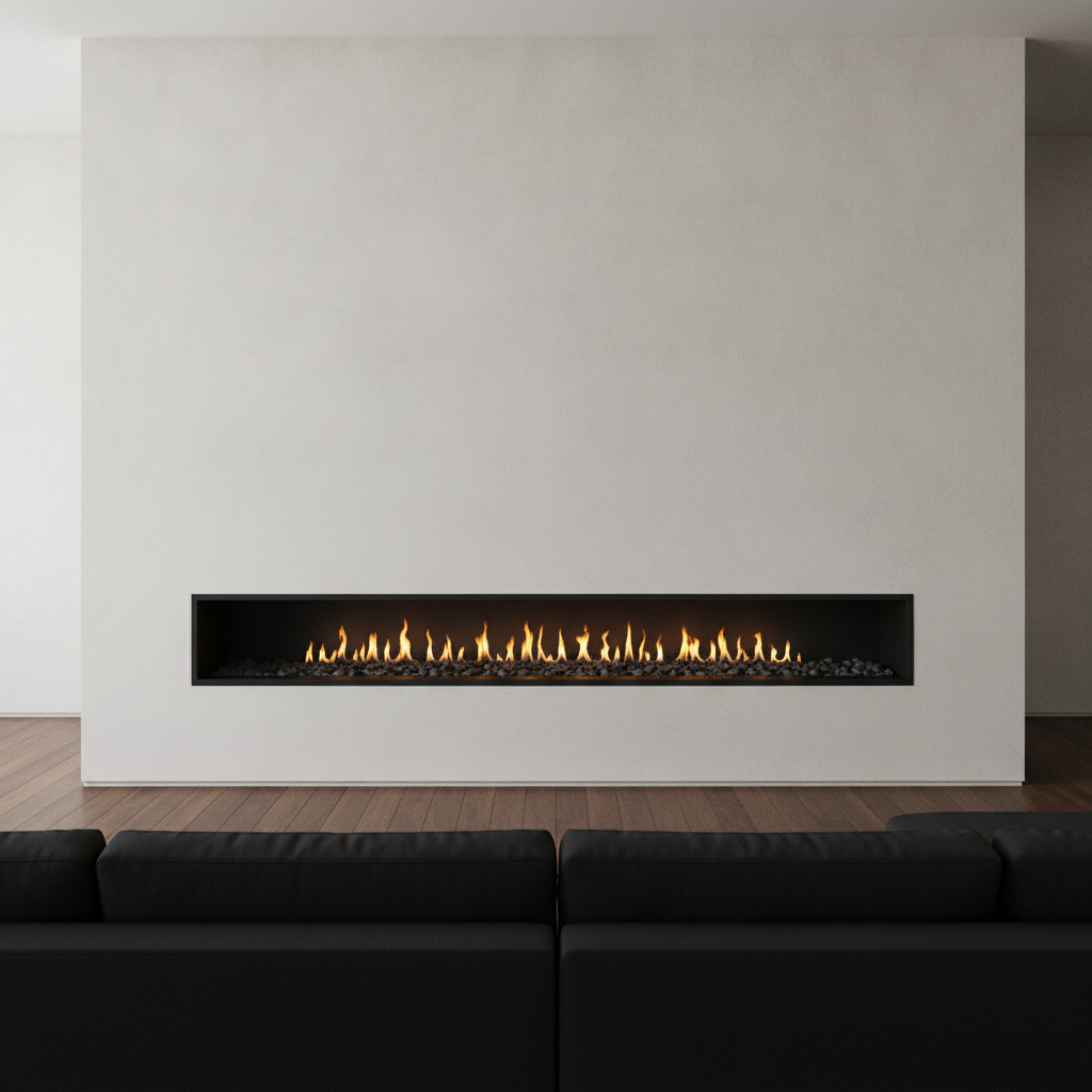 A flush mounted linear gas fireplace set into a pale microcement wall with no mantel, no shelf and no hearth, which is what modern gas actually looks like once the flue moves to a horizontal vent through the wall. The composition works and the dark sofa and walnut floor gave the model something genuinely dark to key the pale wall against. The flaw is worth studying: the flames light nothing. There is no warm bounce on the wall above the opening, no glow on the floor, no falloff anywhere. Fire has been painted on as a sticker rather than treated as the only light source in the frame. Compare it with the night image and you can see the model doing one or the other but never both. The lava rock also came back pale grey instead of the charcoal that was asked for.