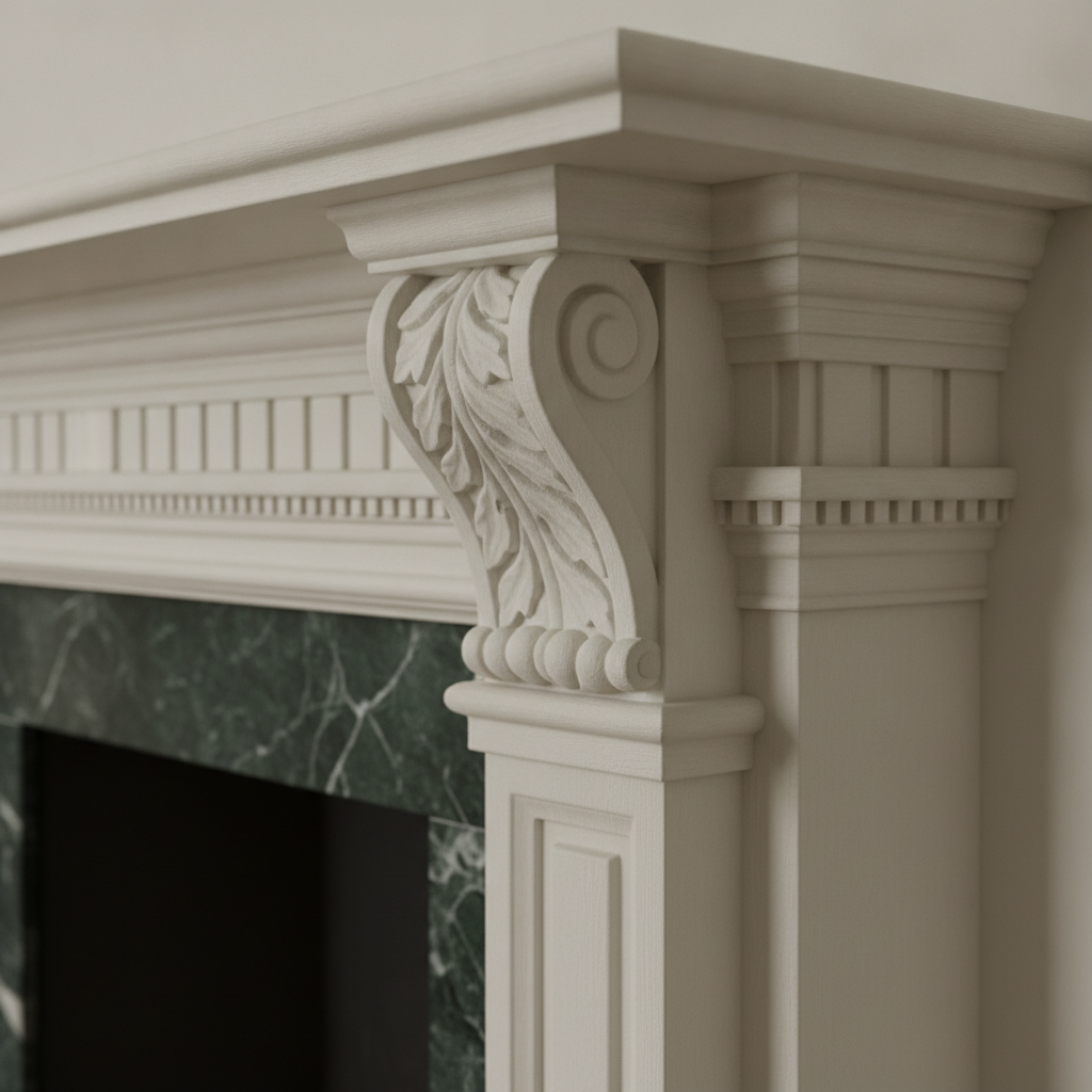 Close on the corner of a traditional painted timber mantel, and by a distance the most beautiful render in the set. The carved acanthus corbel, the dentil band, the layered frieze mouldings and the dark green veined marble slip against the black opening are all genuinely convincing, down to the chalky eggshell finish on the paint. Then follow the geometry to the right and it falls apart. There are two mantels: the corbel carries one shelf, and behind it a second pilaster with its own dentil course and its own cornice returns at a different height, aligning with nothing. Ornament is something these models know extremely well. Assembly is something they invent, and on a mantel that is the difference between a drawing and a joinery order.