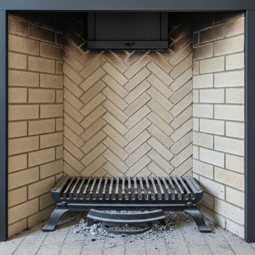 Straight into a cold empty firebox, and technically the most accurate image here. The side walls splay inward in running bond to throw heat into the room, the back wall carries the pattern, soot darkens the top third, cold ash sits under a cast iron grate and the damper plate is visible in the throat above. The named pattern is still wrong. Herringbone was requested and what arrived is chevron, with the bricks cut on the bias meeting point to point in continuous columns instead of rectangles meeting at ninety degrees. That is the second time the same substitution has appeared in this series. The two splayed side walls have also been given two different bricks, warm buff on the left and cool white on the right.