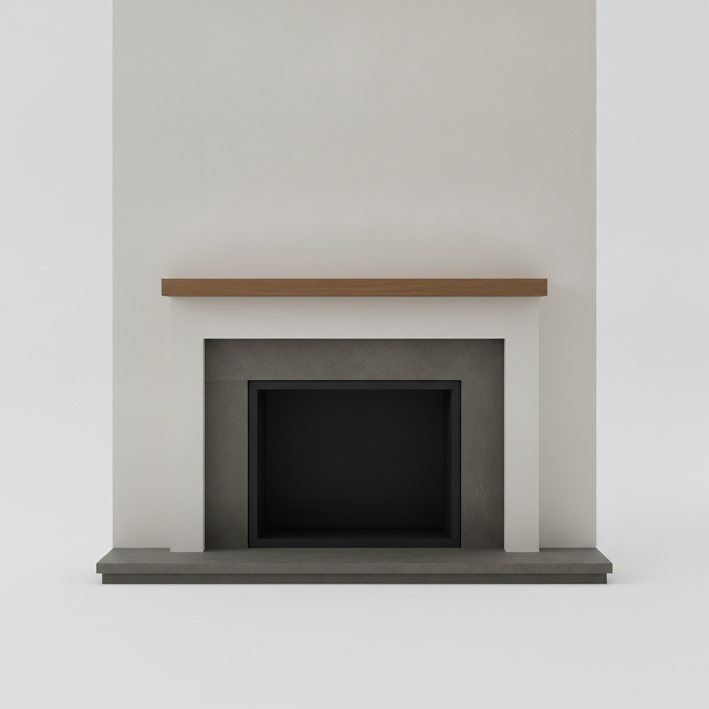 The fabrication view: a flat straight on elevation of a whole fireplace, with a honed limestone slip, a timber shelf, a plain chimney breast and a hearth slab, lit evenly with no shadows and nothing else in the frame. This is the drawing a mason or a carpenter can work from, and it is also a precise demonstration of what an elevation cannot do. Depth toward the viewer has no length in this view, so the hearth projection, the single dimension that building codes regulate most tightly, is invisible. There is no scale reference either, so a nine hundred millimetre opening and a fifteen hundred millimetre opening produce an identical picture. The shelf was asked for as painted timber and came back as natural walnut.
