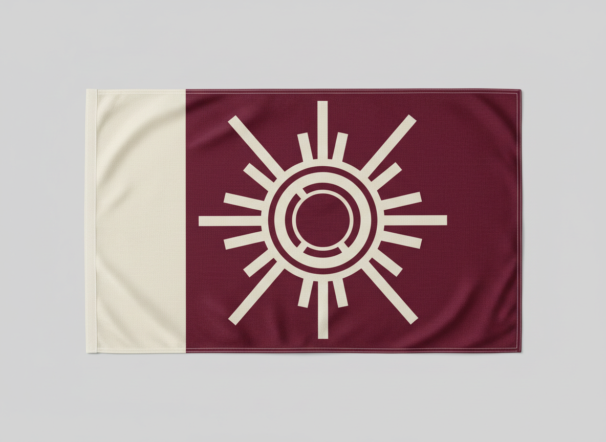 A finished burgundy flag photographed flat and square-on against a plain pale grey background, with a cream vertical band down the hoist edge and a perfectly symmetrical cream sunburst of long and short rays around concentric rings on the burgundy field