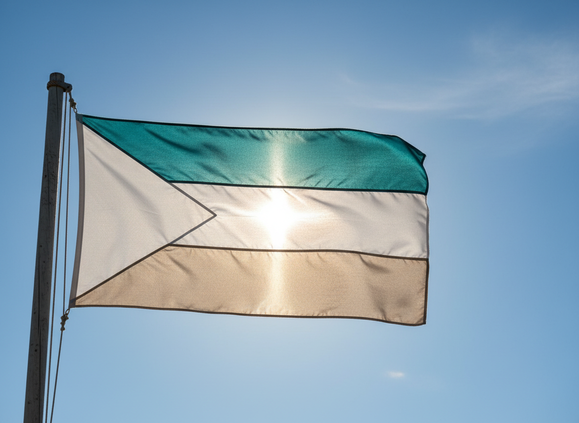 A single-ply flag of teal, white and sand horizontal bands with a white triangle at the hoist, backlit by a low sun burning straight through the cloth so the whole design glows and the fabric weave shows