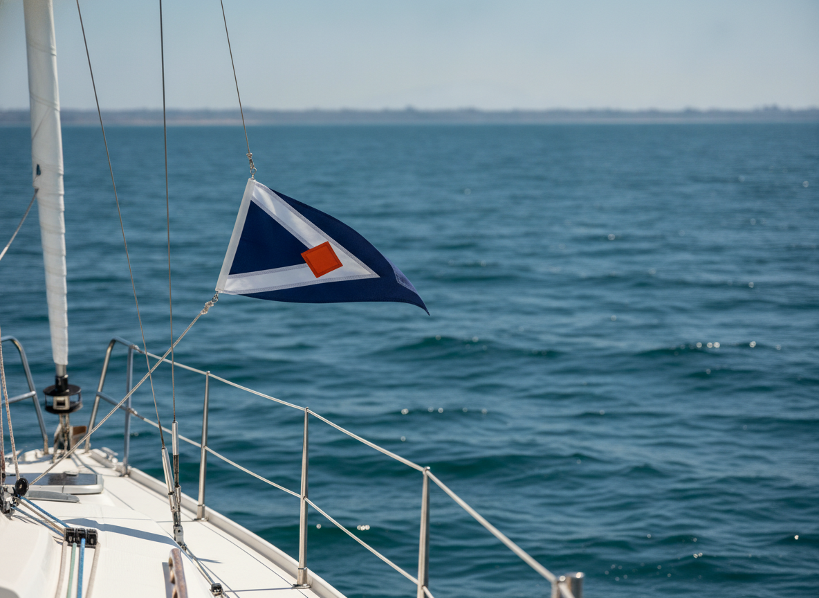 A small navy triangular burgee outlined in white with a single orange square at its centre, flying from the rigging of a white sailing boat with blurred open water and a low coastline behind