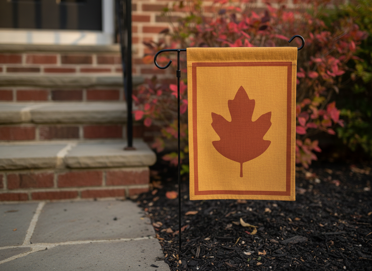 A small mustard vertical garden flag with a russet leaf shape and a narrow rust border, hanging from a black iron stand beside a brick doorstep in soft autumn light