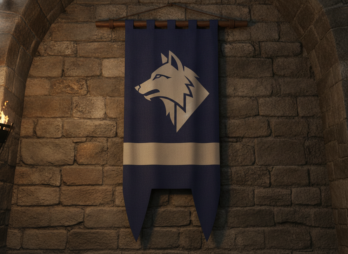 A tall indigo guild banner hanging from a wooden crossbar on a torchlit stone wall, carrying a flat sand-coloured wolf head in profile facing the left edge above a wide horizontal band, with its lower edge cut into two long points