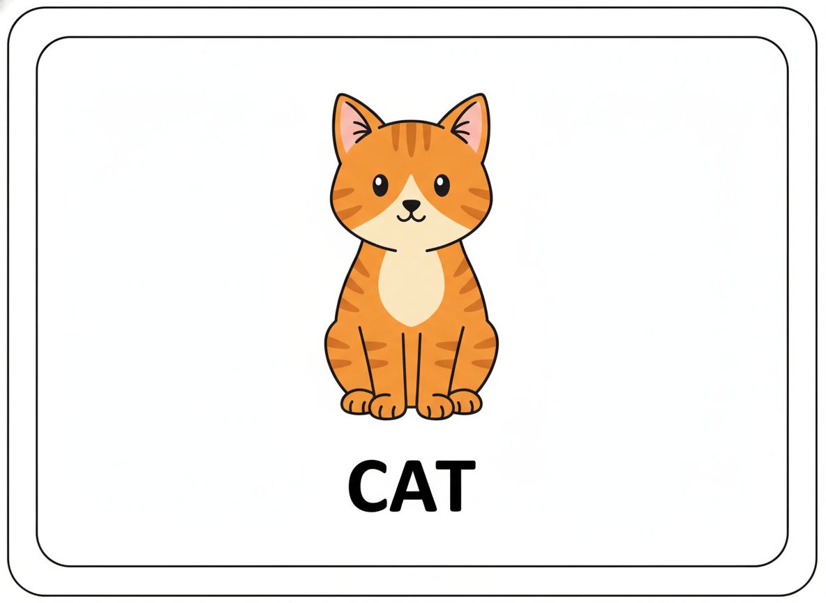AI flashcard generator result: a landscape picture vocabulary flashcard with a friendly cartoon orange tabby cat sitting facing forward in the upper two thirds and the word CAT in large bold black capitals centred beneath it, on white card inside a thin rounded border. This is the tool at its most dependable. The word is spelled correctly, the letterforms are even and well weighted, the drawing is unmistakably the thing the word names, and the border and margins are the proportions of an actual printable rather than an artistic impression of one. Nothing was invented and nothing extra was added. A single short word paired with a single clear object is the shape this generator handles best, and it is worth building most of a set out of exactly this pattern.