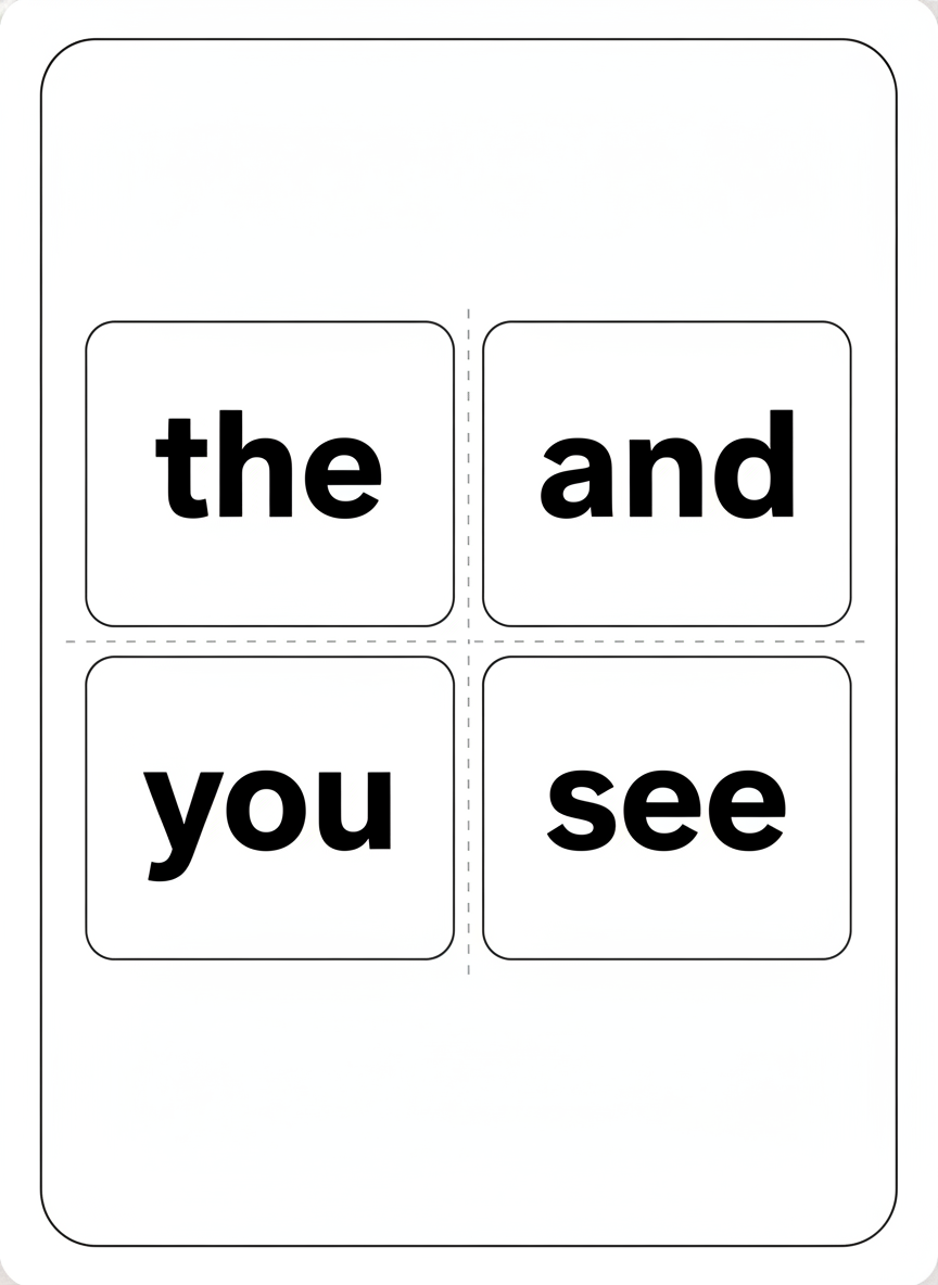 AI flashcard generator result: a portrait sight word cutting sheet holding four word-only cards in a two by two grid, divided by thin dashed grey cutting lines, with no pictures anywhere. All four sight words came back correct — the, and, you, see — in heavy lowercase sans-serif, correctly kept in lowercase rather than being helpfully capitalised, and large enough to read from across a classroom. Four out of four words right on a single sheet is the useful result here. The flaw is layout, not spelling: the grid was briefed to fill the sheet and instead sits in the middle of it, leaving deep empty white bands above and below, so a printed page wastes roughly a third of its area and the cut cards come out smaller than they needed to be.