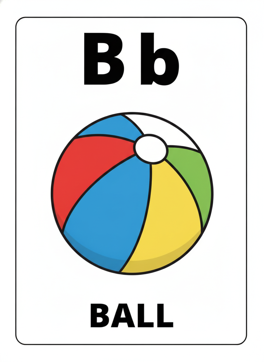 AI flashcard generator result: a portrait alphabet flashcard with a large solid black uppercase B beside a lowercase b at the top, a brightly coloured beach ball in flat colour with clean black outlines filling the middle, and the word BALL in bold black capitals along the bottom. Every element landed: both letterforms are correctly shaped and the lowercase b is a proper single-storey handwriting b with the ascender on the correct side, the word is spelled right, and the object genuinely begins with the target letter rather than being a loosely related picture. The beach ball is also a quiet success against the no-text rule, since beach balls in stock imagery are frequently branded and this one came back with clean colour panels and no lettering on it at all.