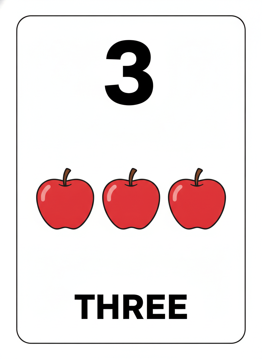 AI flashcard generator result: a portrait number flashcard with a large solid black numeral 3 at the top, a row of three red apples across the middle, and the word THREE in bold black capitals at the bottom. Count the apples: there are exactly three, which matters because drawing a specified number of objects is the single least reliable thing you can ask an image model to do. Here the quantity, the numeral and the number word all agree, and THREE is spelled correctly. Treat this as evidence that small quantities can come back right, not as evidence that they reliably will — at three the odds are good, and by the time you are asking for seven or eight objects you should assume the count is wrong until you have checked it yourself.