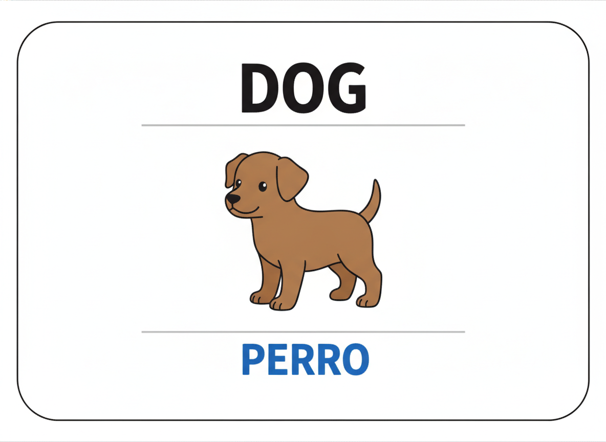 AI flashcard generator result: a landscape bilingual language flashcard with the English word DOG in bold black capitals at the top, a cartoon brown puppy standing side on in the middle, and the Spanish word PERRO in bold blue capitals at the bottom, each word separated from the drawing by a thin grey rule. Both words are spelled correctly, including the five-letter Spanish one with its doubled R, and the colour coding of target language against native language survived intact. Two small drifts worth noting: the puppy sits slightly right of centre rather than centred between the rules, and a faint grey band crept in along the bottom edge of the card. Neither affects a card you are holding up to a class, but both would show if you were trimming to a precise size.