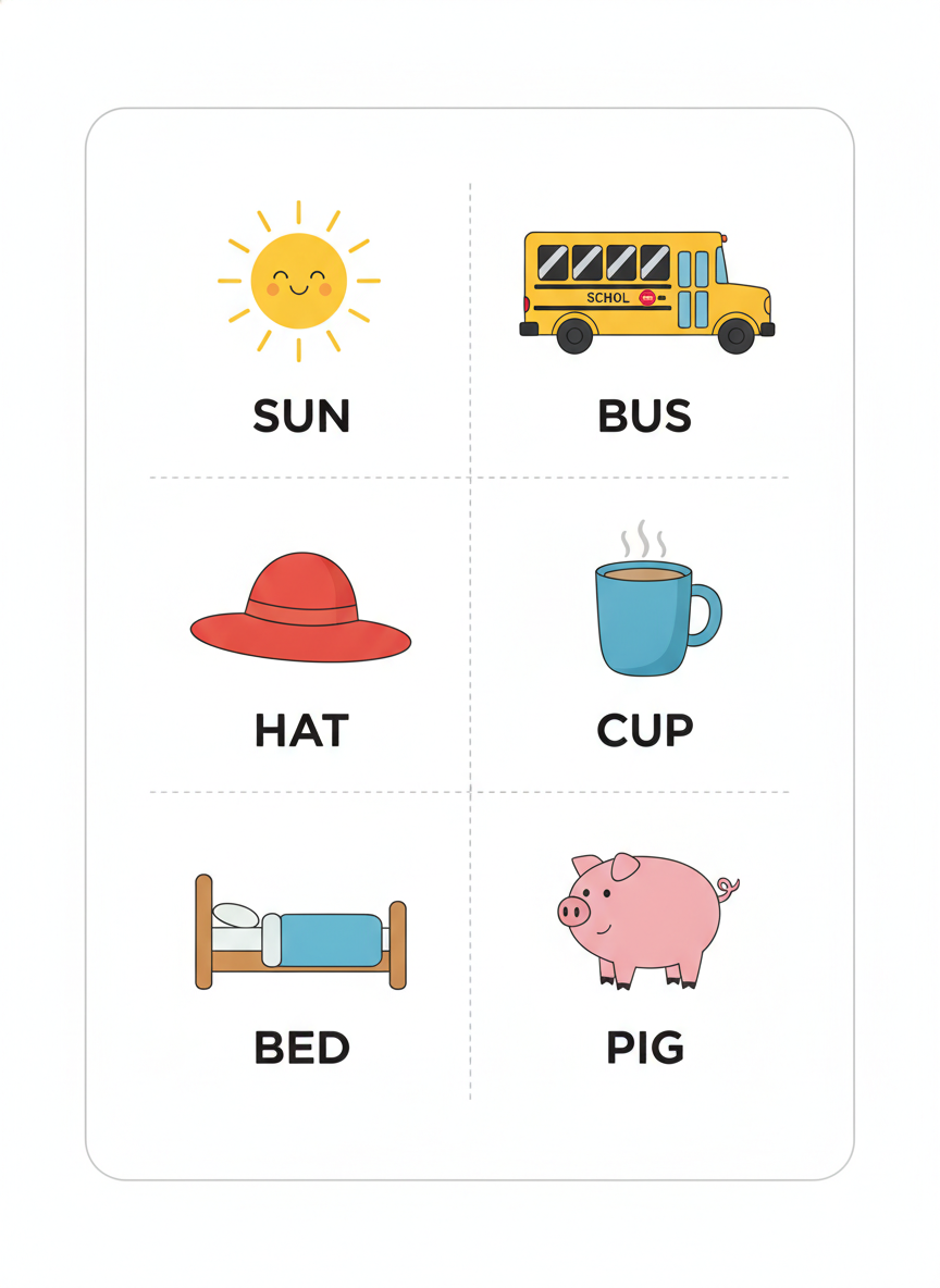AI flashcard generator result: a portrait six-up cutting sheet in a two by three grid, each cell holding a picture above a three-letter word — a smiling sun with SUN, a yellow school bus with BUS, a red sun hat with HAT, a blue mug with CUP, a wooden bed with BED and a pink pig with PIG — separated by dashed cutting lines. All six requested words are spelled correctly and every picture matches its word. The failure is the school bus, and it is on this page deliberately: the model wrote SCHOL along the side of the bus, a misspelling of a word nobody asked for, on a sheet whose prompt explicitly forbade lettering on depicted objects. This is the characteristic way text goes wrong here. The words you dictate come back right; the words the model decides to add to an object come back wrong, and they are easy to miss because your eye is checking the caption, not the artwork.