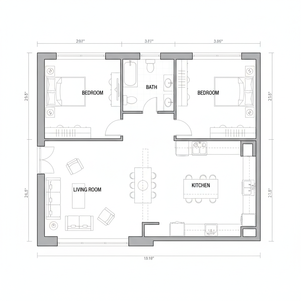 AI floor plan generator output: a black-and-white 2D architectural floor plan of a two-bedroom apartment with labeled rooms, dimension lines and furniture symbols