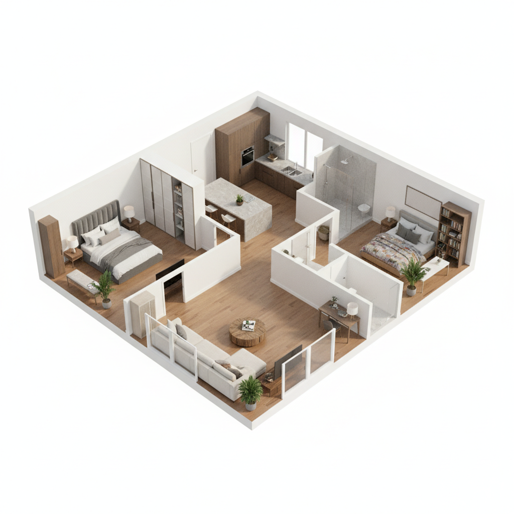3D isometric cutaway floor plan render of a two-bedroom apartment with walls cut at waist height, furnished living room, kitchen island and bedroom