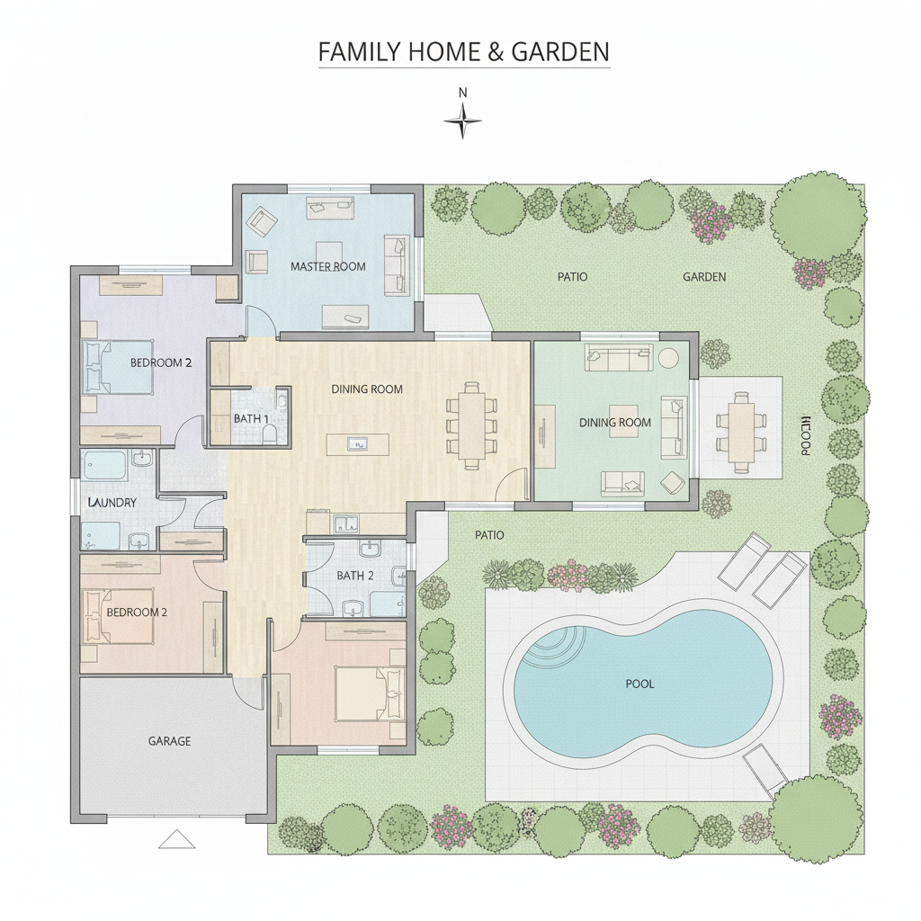 Colored 2D floor plan of a family house with garden and pool, pastel color-coded rooms, wood and tile floor textures and a full furniture layout