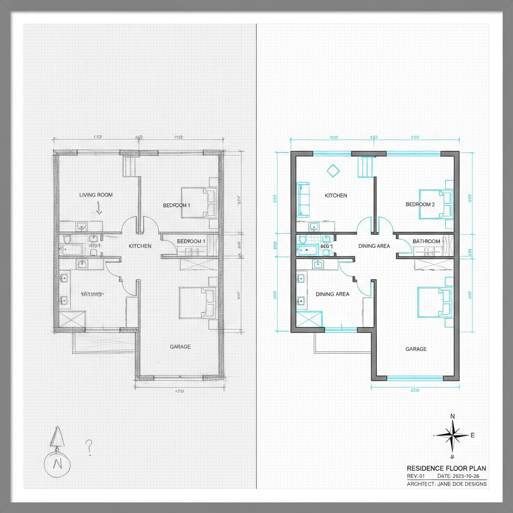 Side-by-side comparison of a hand-drawn pencil floor plan sketch on graph paper and the polished digital architectural plan generated from it