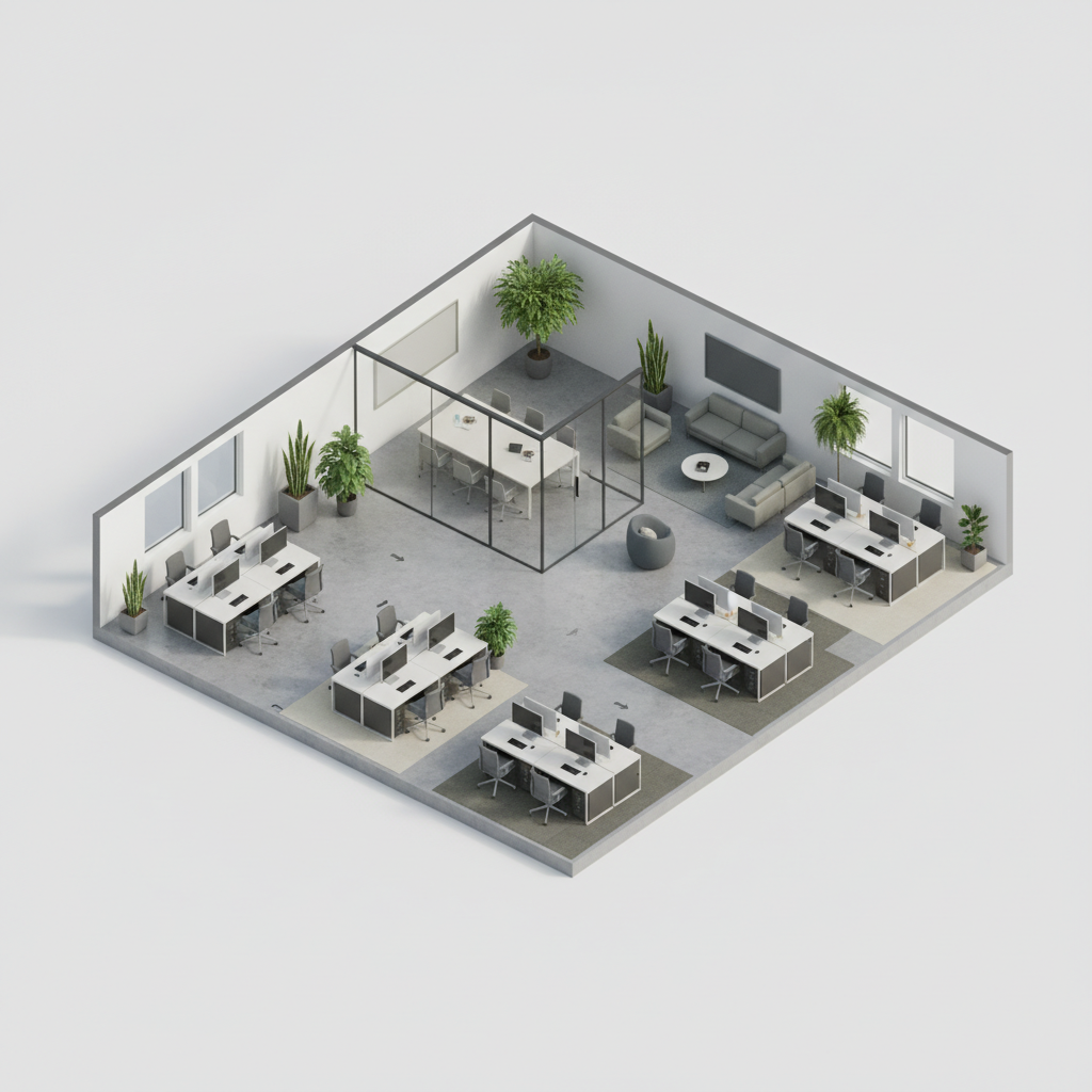 3D isometric floor plan of a modern open-plan office with desks, meeting rooms, a lounge area and plants shown through cutaway walls