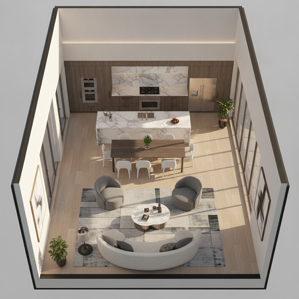 Luxury real estate 3D floor plan render of an open-concept living room and kitchen with marble counters, designer furniture and sunlight through large windows