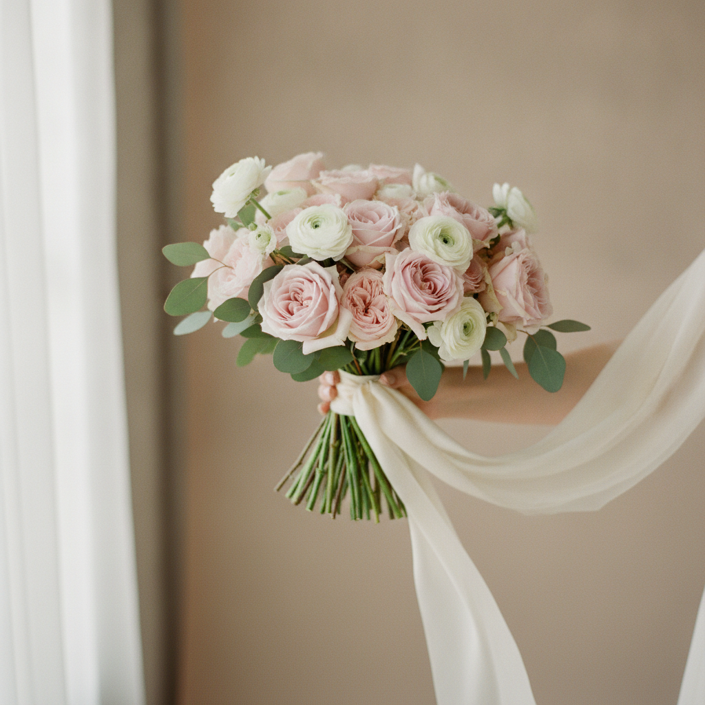AI flower arrangement generator result: a round hand-tied bridal bouquet of blush garden roses, white ranunculus and silvery eucalyptus, photographed in soft window light against a warm beige wall. The blooms are the success here, each rose opening in correctly layered petals with believable colour variation from bud to open flower, and the green stems below the binding point are cut to an even length like a real hand-tied bouquet. Two drifts from the brief: the ivory silk ribbon that was meant to wrap the binding has become a huge sweep of fabric filling the right half of the frame, more like ceremony drapery than a bouquet wrap, and the hand holding it has almost entirely disappeared, leaving two ambiguous fingertips behind the stems.
