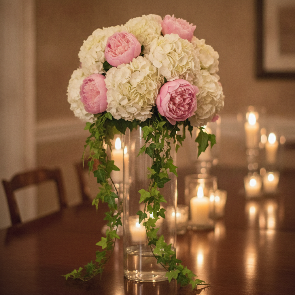 AI flower arrangement generator result: a tall centerpiece of white hydrangea, pink peonies and trailing ivy in a clear glass cylinder vase on a dark polished wood table, with a bank of lit pillar candles glowing behind it. The floral crown is dense and well massed, the peonies read as peonies with their heavy ruffled centres, and the warm candlelight is genuinely convincing. The physics are where it drifts: the glass cylinder is empty, with no stems and no waterline visible inside it, so the arrangement appears to balance on the rim rather than sit in the vase, and one ivy trail runs down the inside of the glass while another runs down the outside.