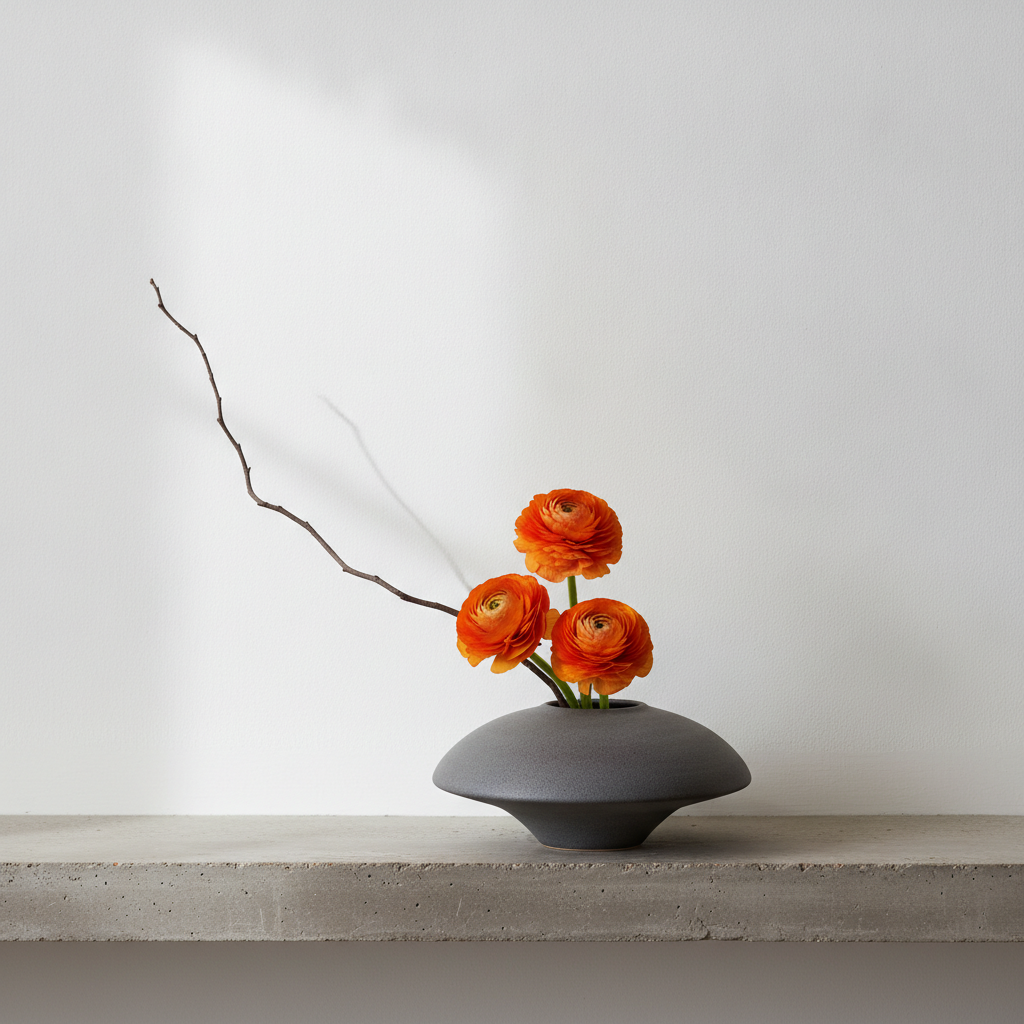 AI flower arrangement generator result: a minimalist ikebana arrangement of three orange ranunculus and a single bare curving branch in a low matte charcoal ceramic vessel, on a concrete shelf against a plain white wall. This is the cleanest composition in the set: the negative space is handled properly, the asymmetric line of the branch against the three blooms is a real ikebana gesture rather than a bouquet squashed into a small pot, and the soft directional daylight gives the vessel a believable curve. The one drift is the branch, which enters the frame at a steep angle without a visible attachment point inside the vessel, so it reads as suspended in front of the arrangement rather than fixed in it.