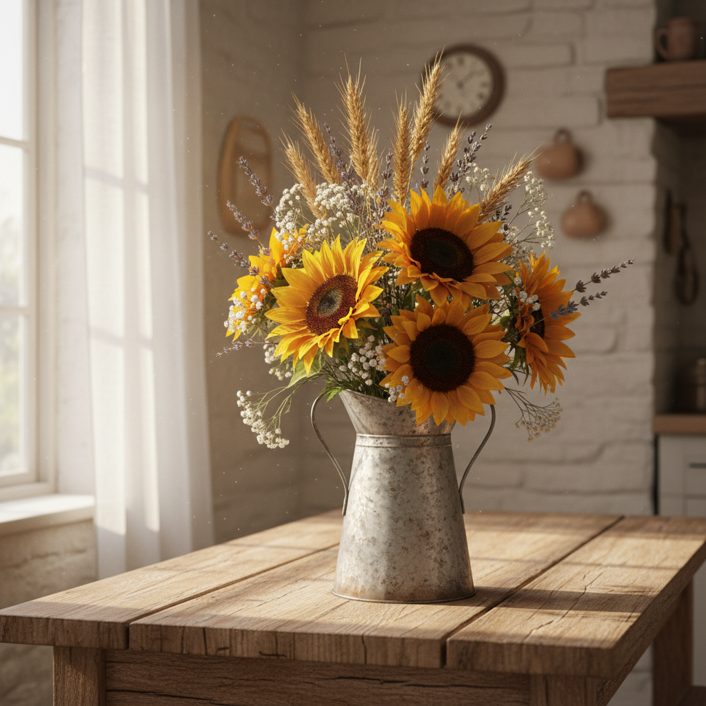 AI flower arrangement generator result: a rustic farmhouse arrangement of sunflowers, wheat stalks, dried lavender and baby breath in a galvanized metal pitcher, on a weathered wooden table beside a curtained window in warm afternoon light. The mix is exactly right for the style and the sunflowers hold their heavy heads at natural angles rather than facing the camera in a row. Two drifts: the pitcher has grown a second handle, so it is no longer a pitcher shape that would actually pour, and the whole scene is veiled in a heavy haze of floating dust motes and soft glow that was never asked for, which costs the arrangement some of its detail.