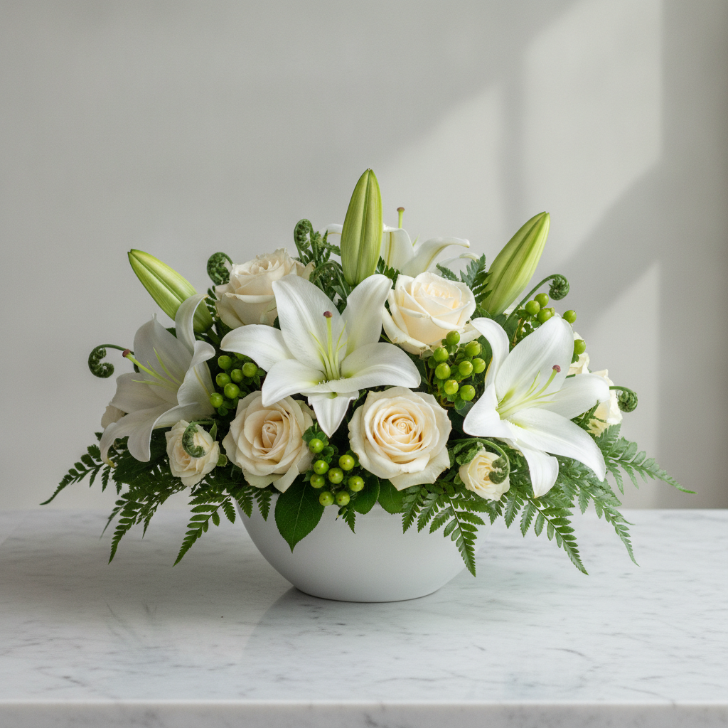 AI flower arrangement generator result: a low sympathy arrangement of white oriental lilies, cream roses, green hypericum berries and leatherleaf fern in a white ceramic bowl on a pale marble surface, lit softly from the side. This is the strongest result of the six and the one that could go straight onto a florist website: the lilies show correct six-petal form with visible stamens, closed buds sit among the open flowers the way a real tribute arrangement is built, and the fern collar spreads below the rim exactly as a florist would set it. The only quibble is that the outer fern fronds are uniform enough to read slightly as silk foliage under close inspection.