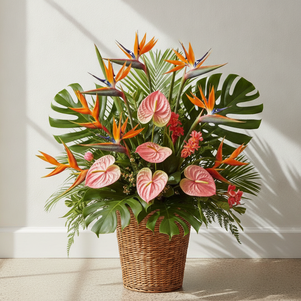 AI flower arrangement generator result: a large tropical arrangement of bird of paradise, pink anthurium, monstera leaves, palm fronds and red ginger in a woven rattan basket, standing on a pale carpet against a white wall in strong directional sunlight. The individual botany is excellent, with the bird of paradise showing its correct orange sepals and blue tongue and the anthuriums carrying properly glossy heart-shaped spathes. The drift is structural: the display fans out flat and symmetrically like a funeral spray on a stand, far wider than the basket beneath it could physically balance, and no stems are visible entering the basket at all.