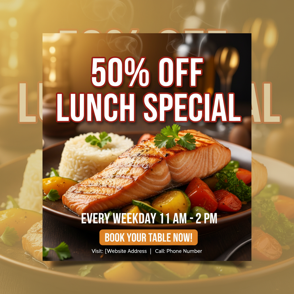 AI-generated restaurant promotion flyer with appetizing food photo and 50% off text