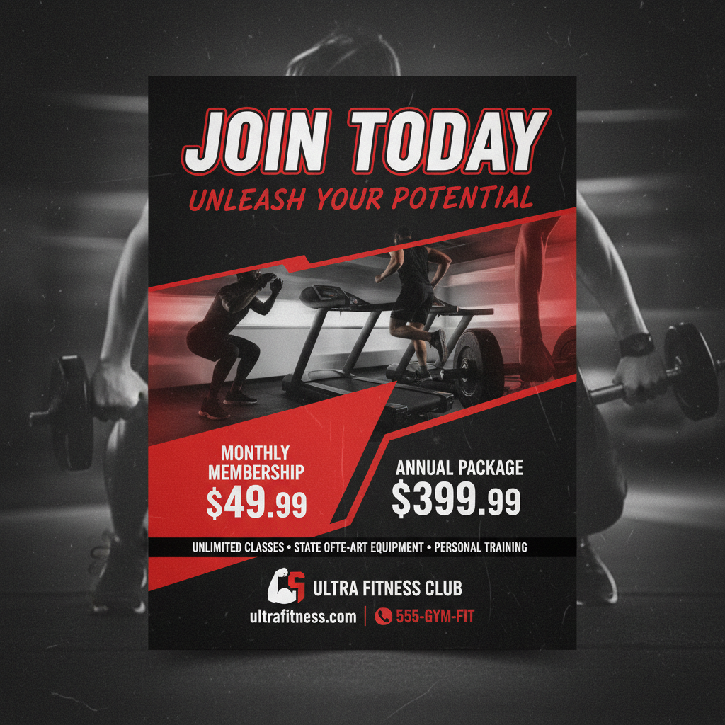 AI-generated fitness gym membership flyer with dynamic athletic design
