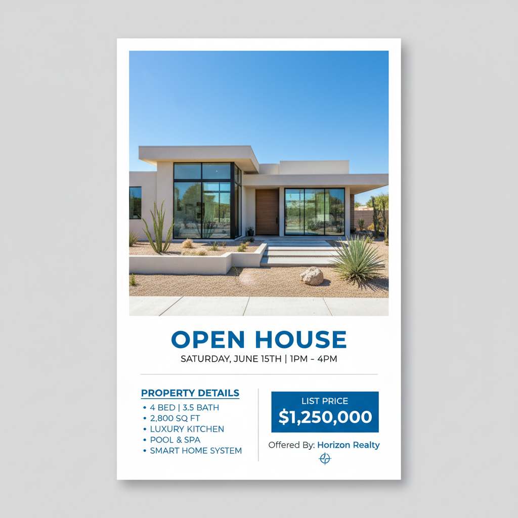 AI-generated real estate open house flyer with home photo and property details