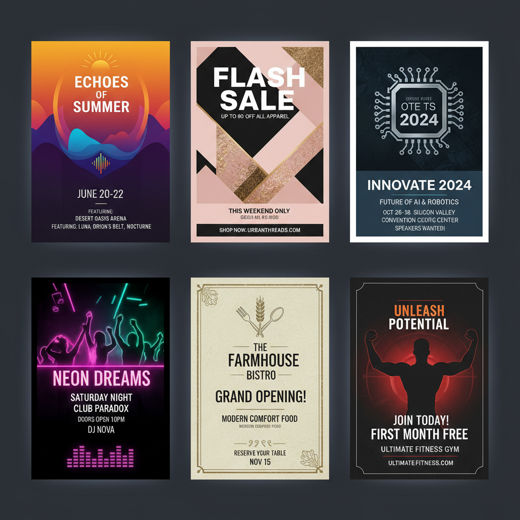 Grid of six AI-generated promotional flyers across event, sale, business, and party themes