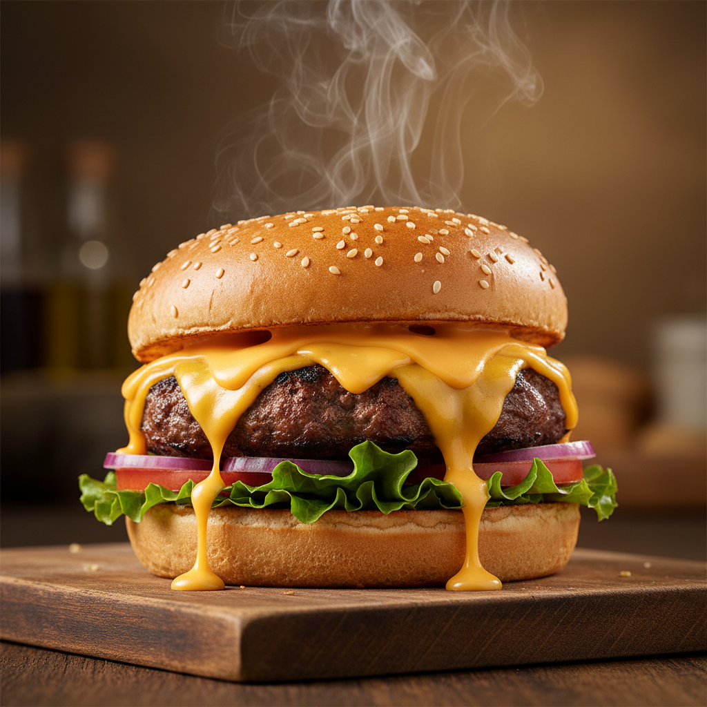 Professional AI food photography of a gourmet burger with melted cheese and crisp lettuce, dramatic studio lighting