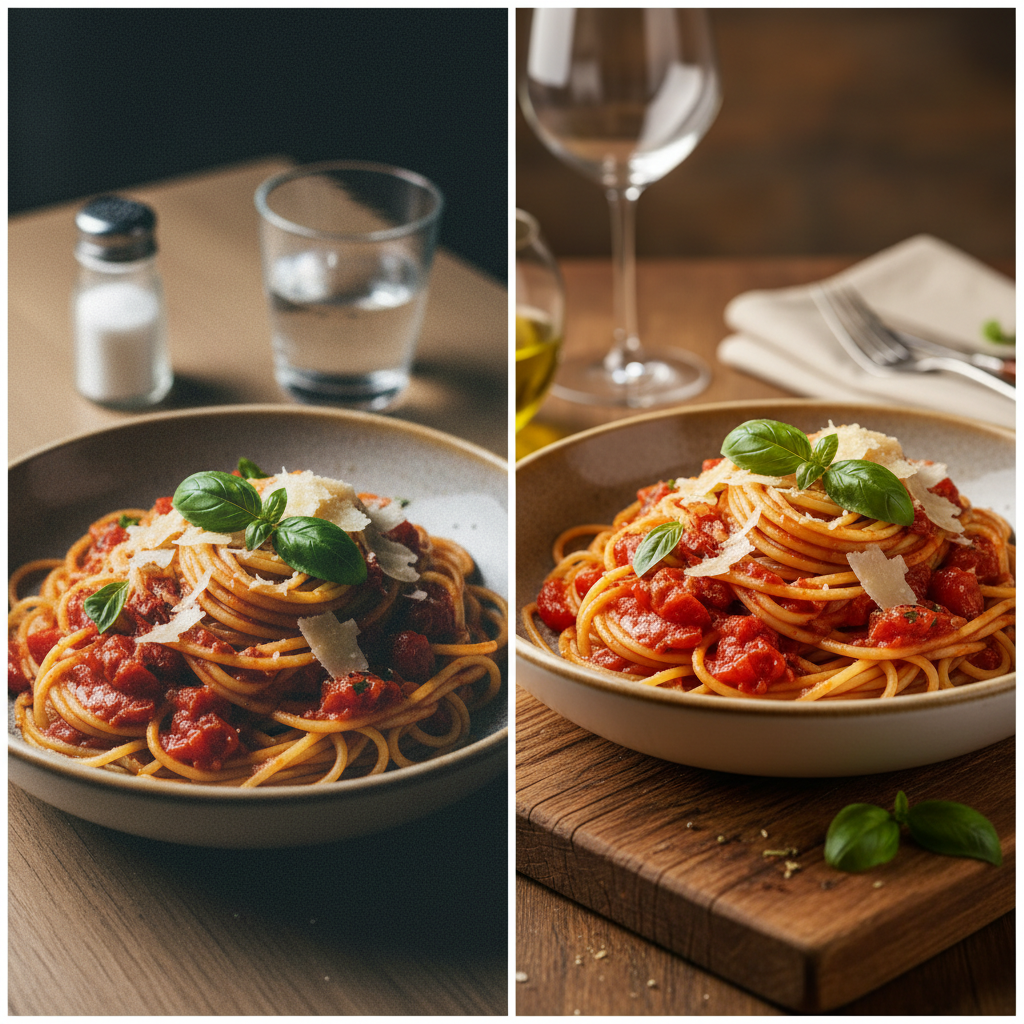 Before and after of an amateur pasta photo transformed into professional AI food photography with perfect lighting