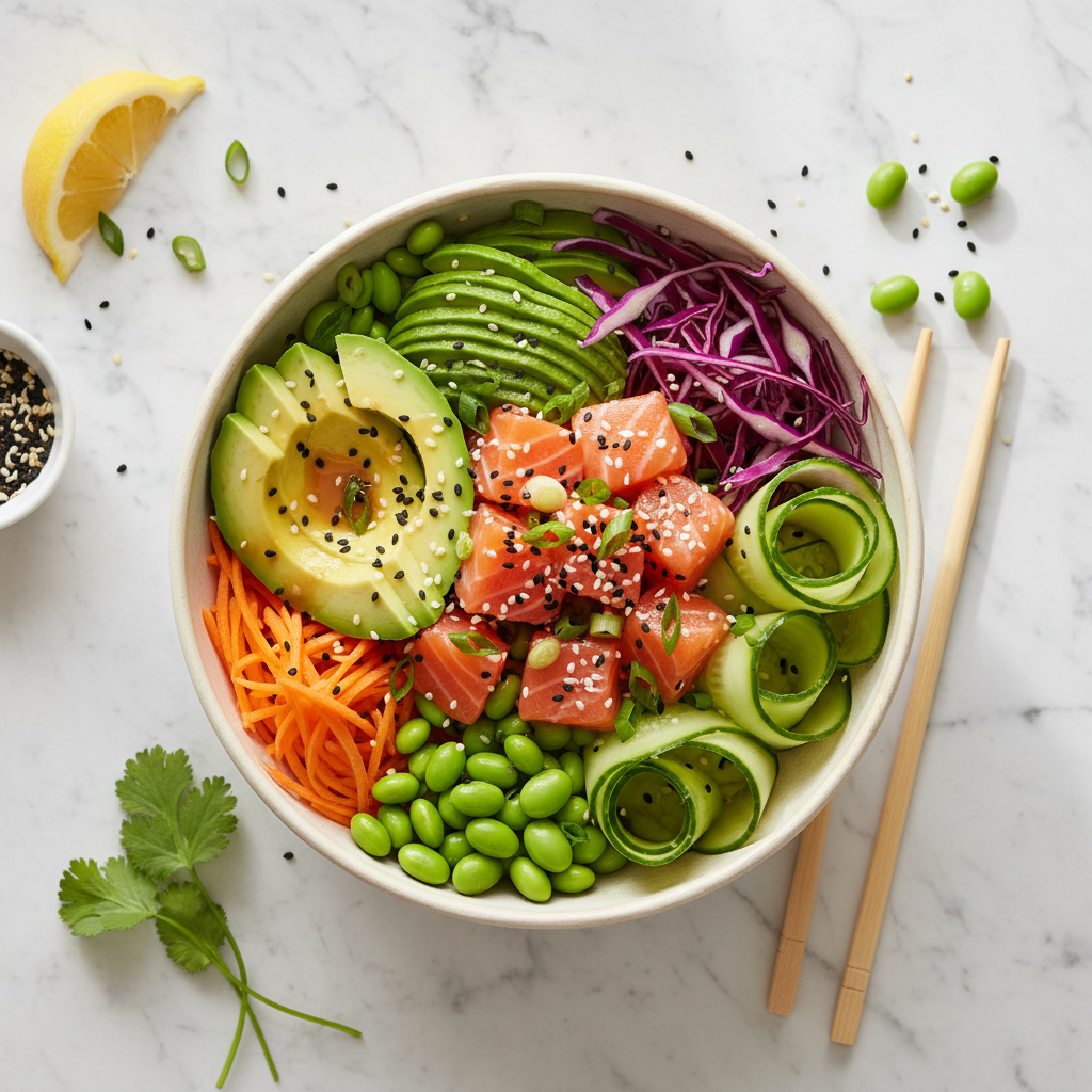 Overhead flat lay AI food photography of a colorful healthy poke bowl on a marble surface