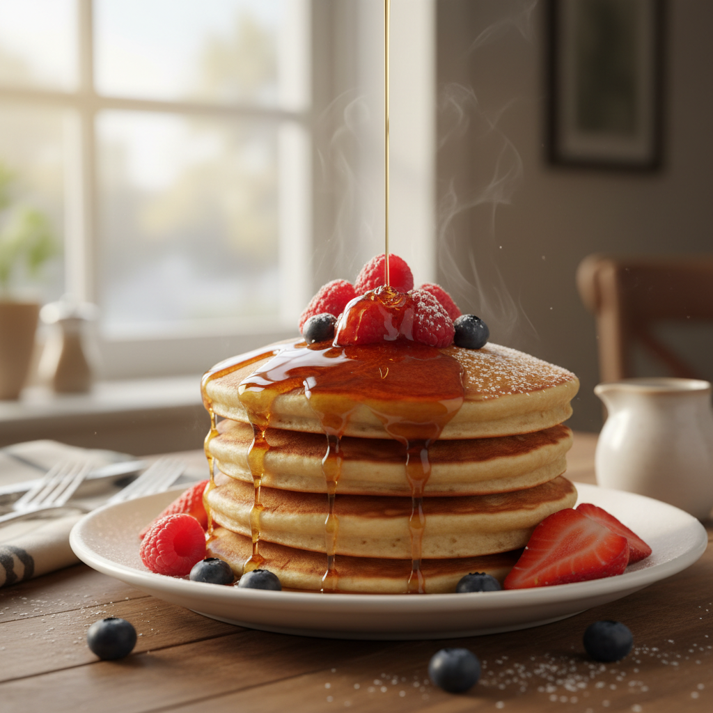 AI food photography of a stack of fluffy pancakes drizzled with maple syrup and fresh berries