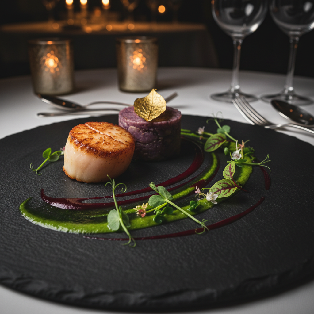 Elegant AI food photography of a fine dining plated dish with sauce drizzle and microgreens, moody restaurant lighting