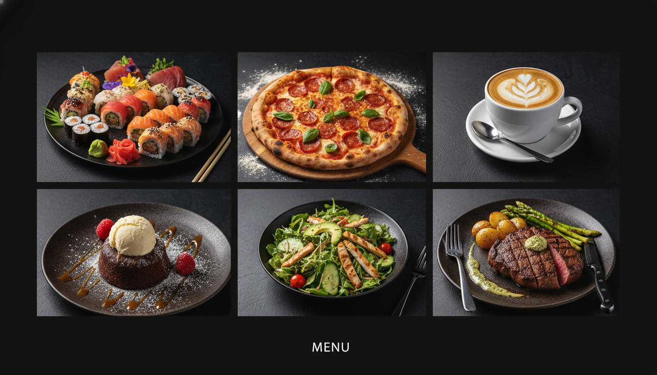 Gallery of six AI-generated professional food photos including sushi, pizza, latte art, dessert, salad, and steak