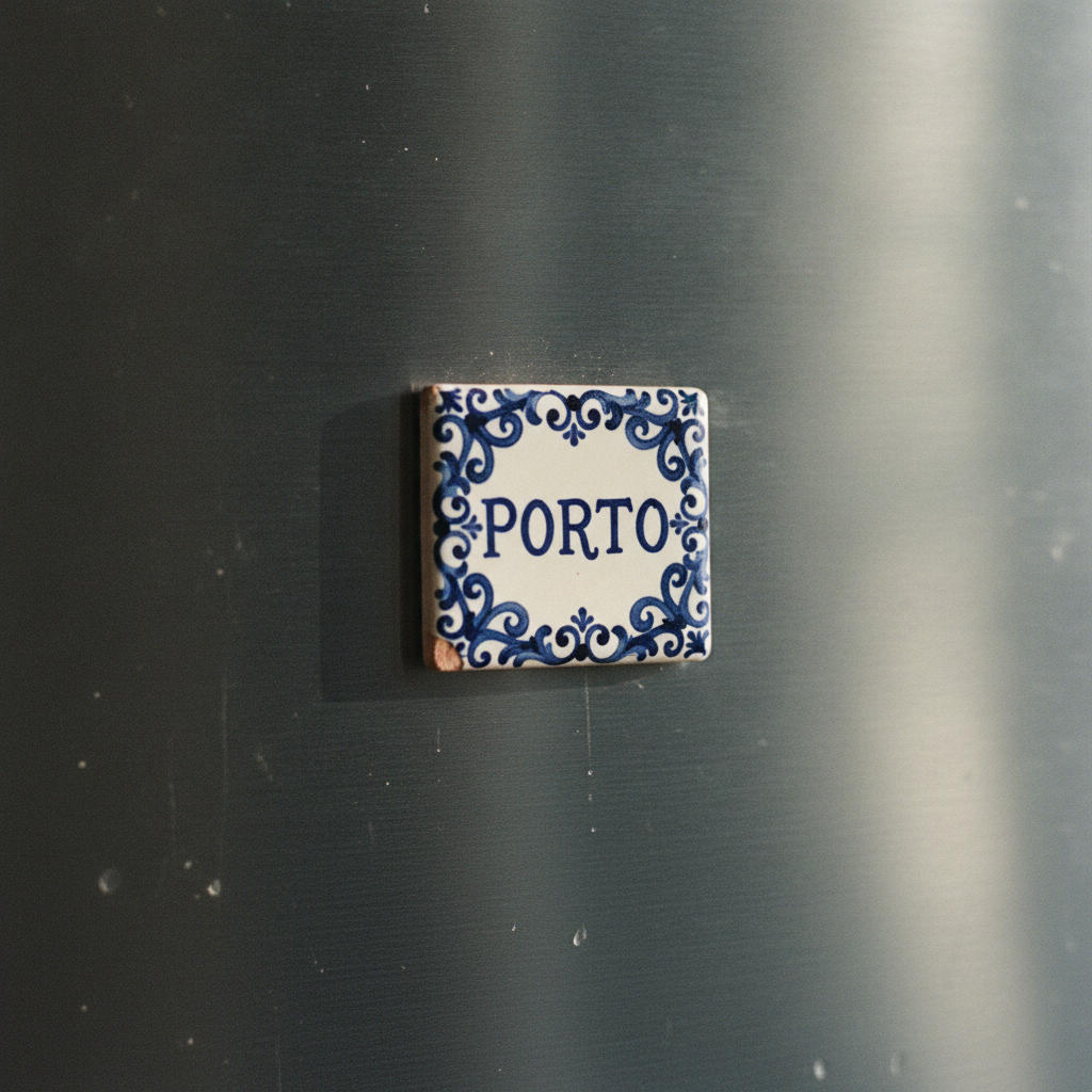 Square blue-and-white hand-painted ceramic tile fridge magnet lettered PORTO in cobalt capitals inside a scrolled cobalt border, with one chipped terracotta corner, stuck to a dark brushed steel fridge door