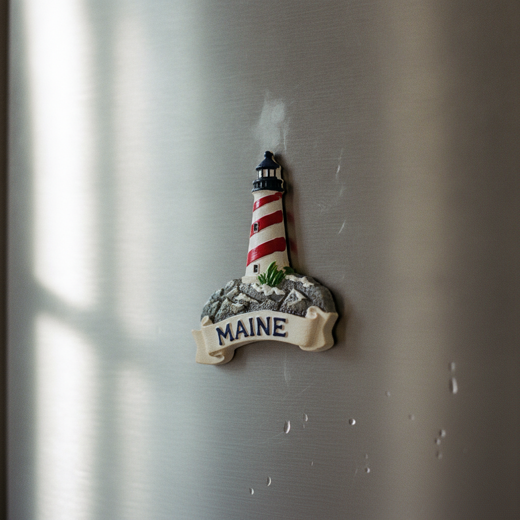 Resin souvenir fridge magnet of a red-and-white striped lighthouse on grey granite rocks with a tuft of beach grass and a cream ribbon banner reading MAINE, on a brushed steel fridge with a window-shaped patch of sun