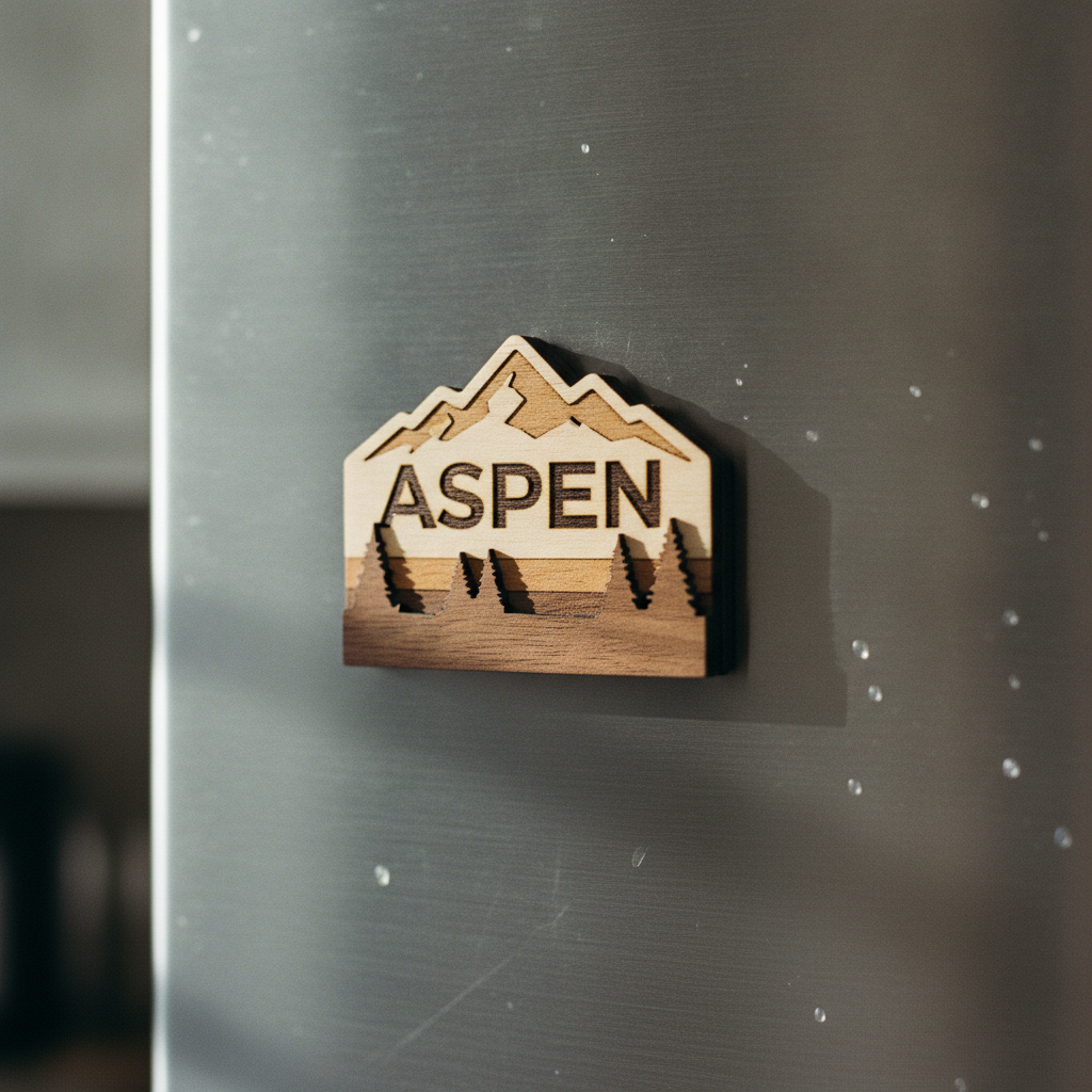 Layered laser-cut plywood fridge magnet with a pale birch mountain range, the word ASPEN engraved in scorched brown capitals, cut-out pine trees and a walnut-stained base layer, on a brushed steel fridge