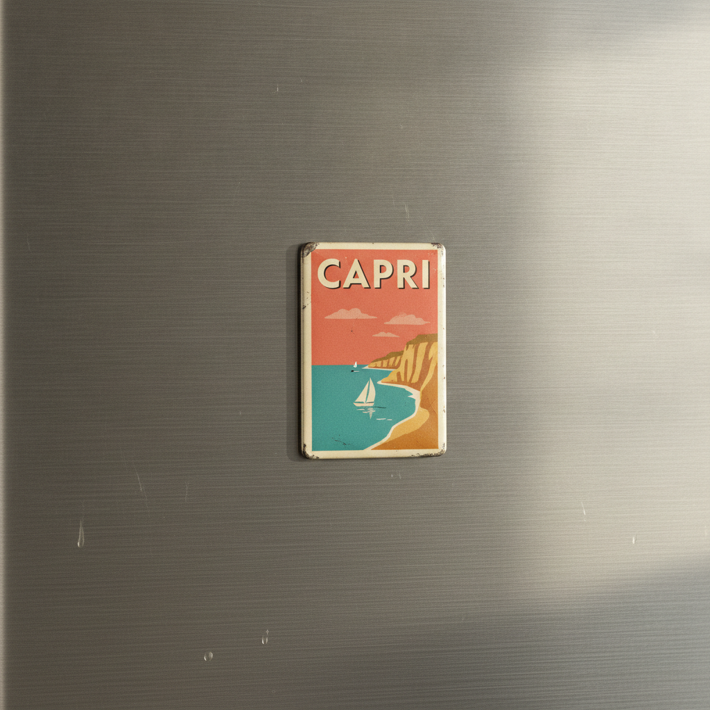 Rectangular vintage tin fridge magnet printed as a travel poster with CAPRI in cream capitals over a coral sky, turquoise sea, ochre cliffs and small white sailing boats, its rolled edges worn to bare metal