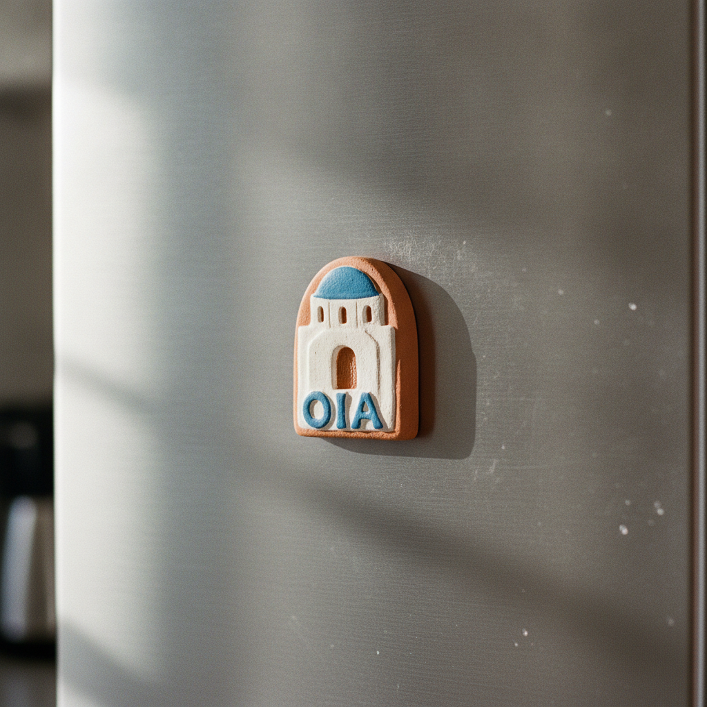 Arched hand-moulded terracotta fridge magnet shaped like a whitewashed chapel with a blue dome, the name OIA raised in blue capitals below the door, casting a short shadow on a brushed steel fridge