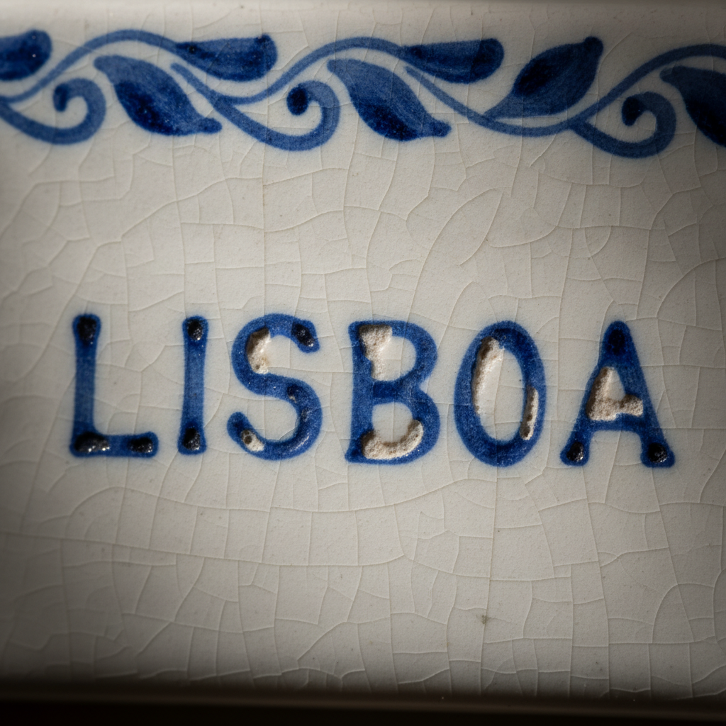 Extreme macro of the word LISBOA hand-painted in cobalt capitals on crazed white ceramic glaze, the paint worn pale in patches, with a band of blue painted leaves running along the top of the frame