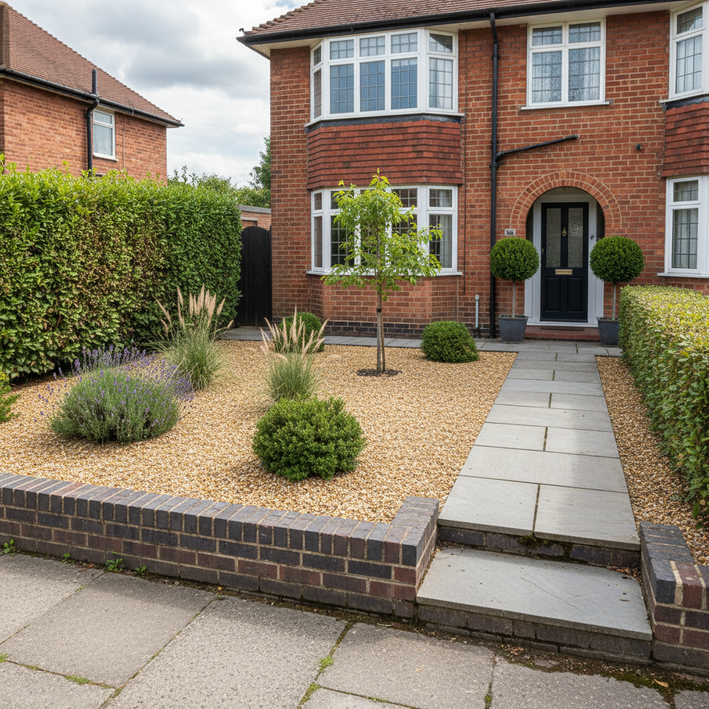 AI front yard design generator result: a 1930s red brick semi with the whole front garden laid as buff gravel held by a dark brick-on-edge kerb, a grey stone slab path running to the front door, lavender, ornamental grasses, clipped evergreen balls and a privet hedge closing one side.